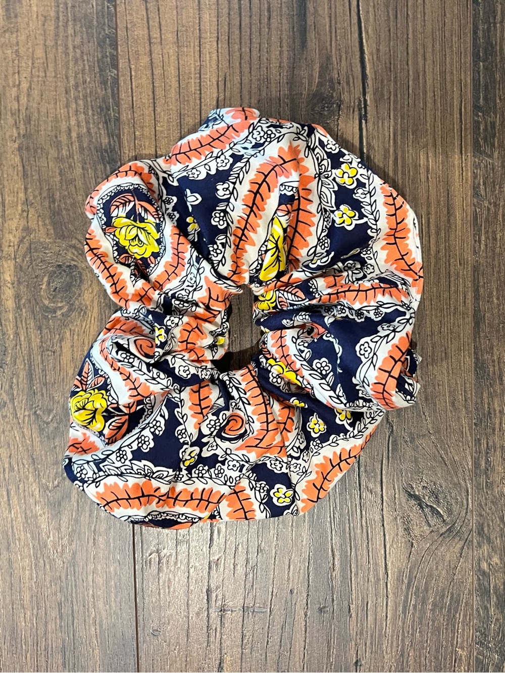 Oversized XL Navy Floral Orange Scrunchie Hair Tie